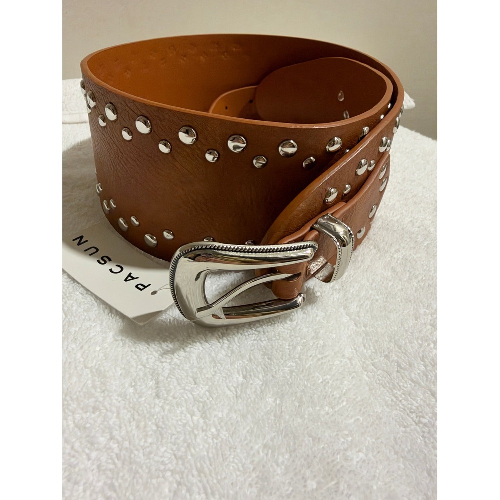 PacSun Womens Cognac Brown Studded Wide Waist Belt Western Buckle Size SM NEW